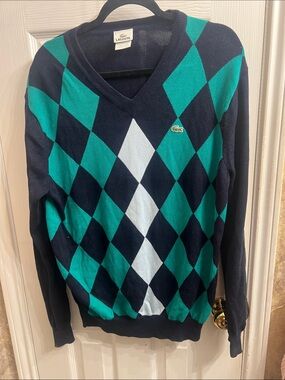 Lacoste Navy, Teal & White Argyle V-Neck Sweater